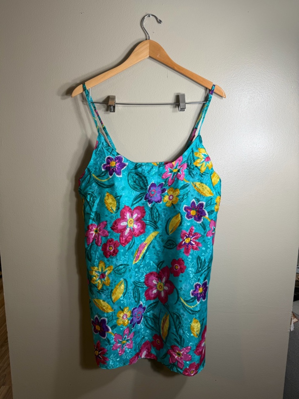 Vintage Y2K Amber Blue Floral Satin Slip Mini Dress Teal Pink Medium